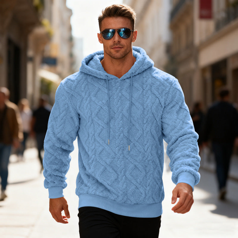 Plush Hooded Sweatshirt Winter Warm Long-sleeved Pullover Top Men's Casual Solid Color Fleece Hoodie Clothing