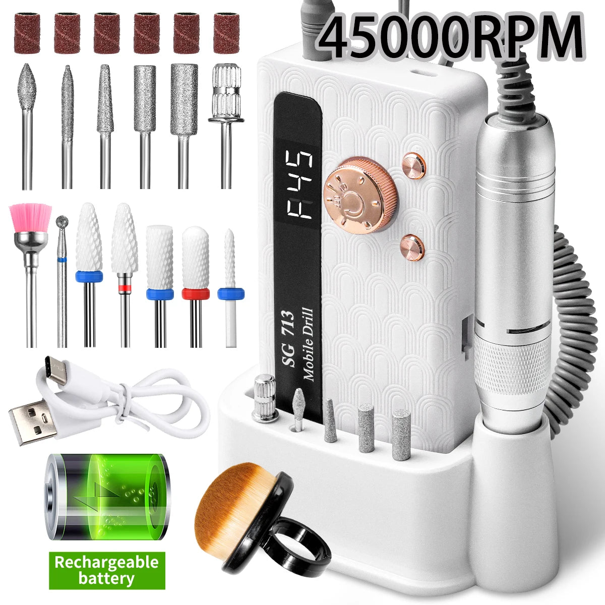35000/45000RPM Rechargeable Nail Drill Machine Professional Portable Electric Manicure File for Nails Gel Polish Remove Grinding