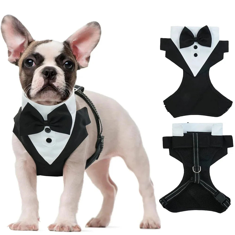 Dog Tuxedo Adjustable Harness No Pull for Small Medium Large Boys Dogs Cat Puppy Dog Wedding Suit with Bow Tie Pet Party Costume