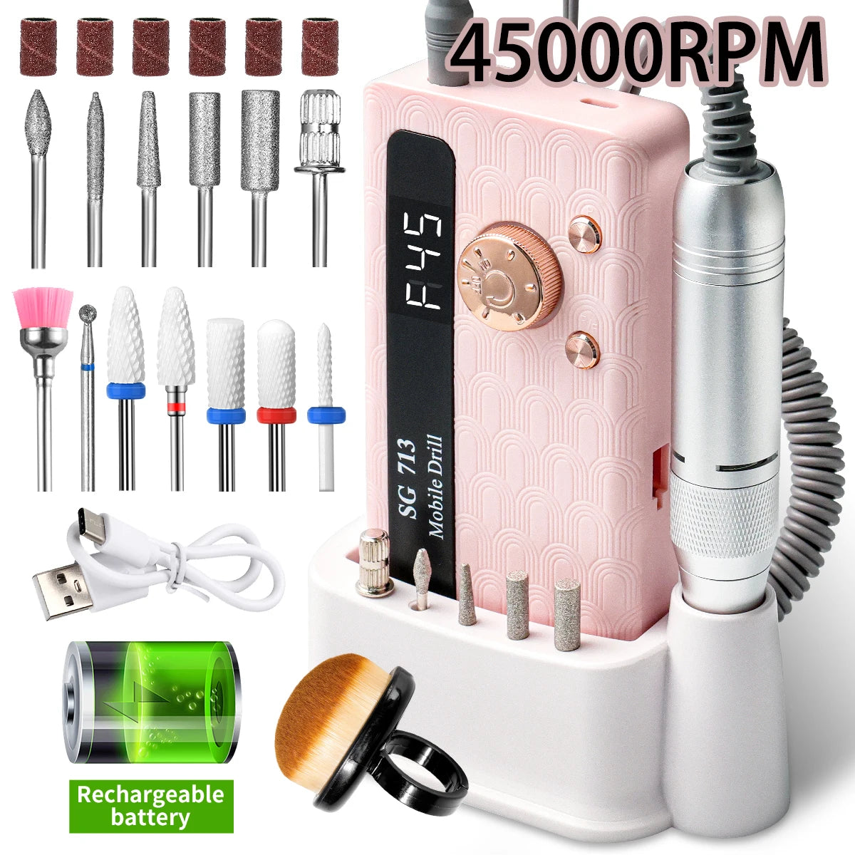35000/45000RPM Rechargeable Nail Drill Machine Professional Portable Electric Manicure File for Nails Gel Polish Remove Grinding