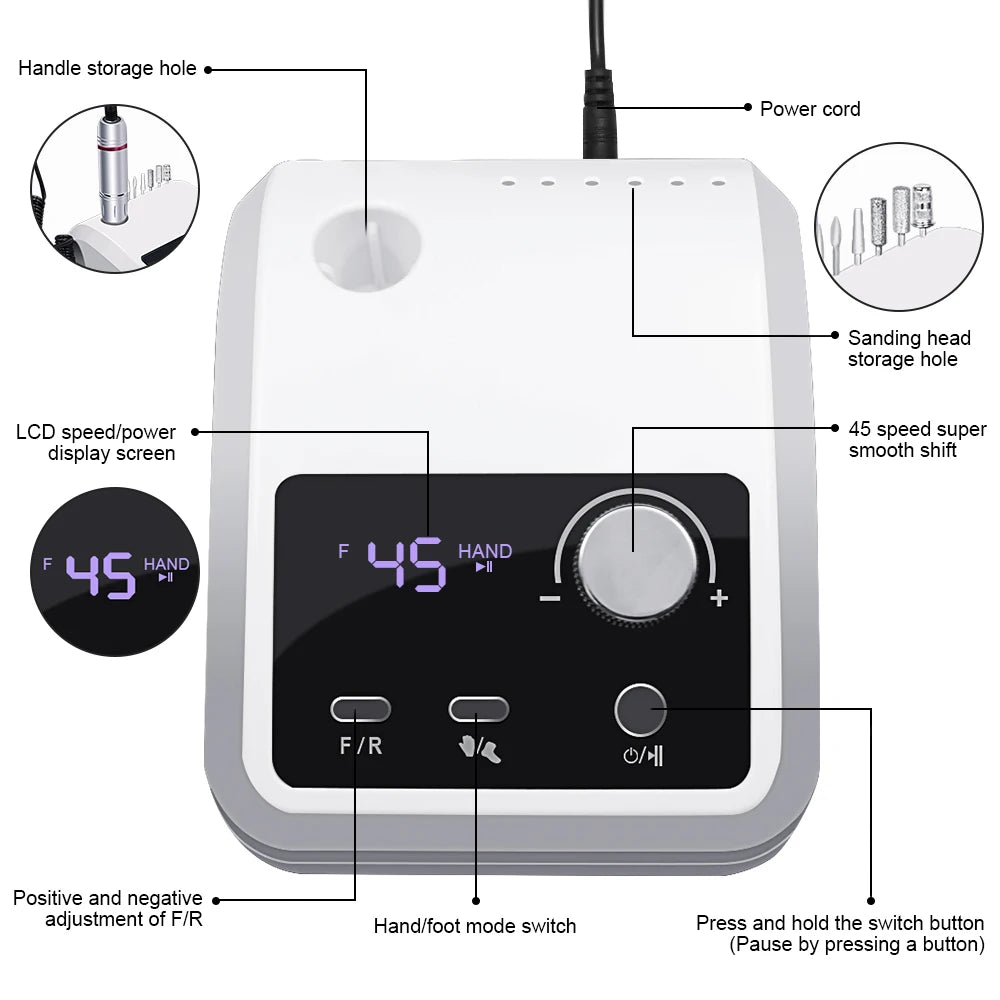 45000 RPM Electric Nail Drill Machine for Nails Electric File HD Display Metal Manicure Pen Professional nail lathe Sander