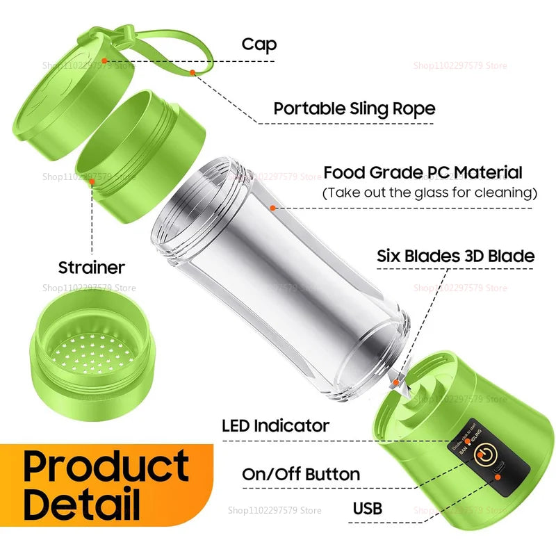 380ml Portable Electric Juicer Smoothie Blender USB Rechargeable Mini Food Processor for Travel Kitchen Workout Bag Liquidizer